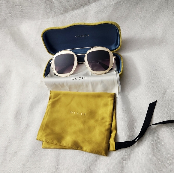 Gucci Gold GG0105S Gradient Round Sunglasses With Case, pouch and Dust cloth New - Picture 1 of 16